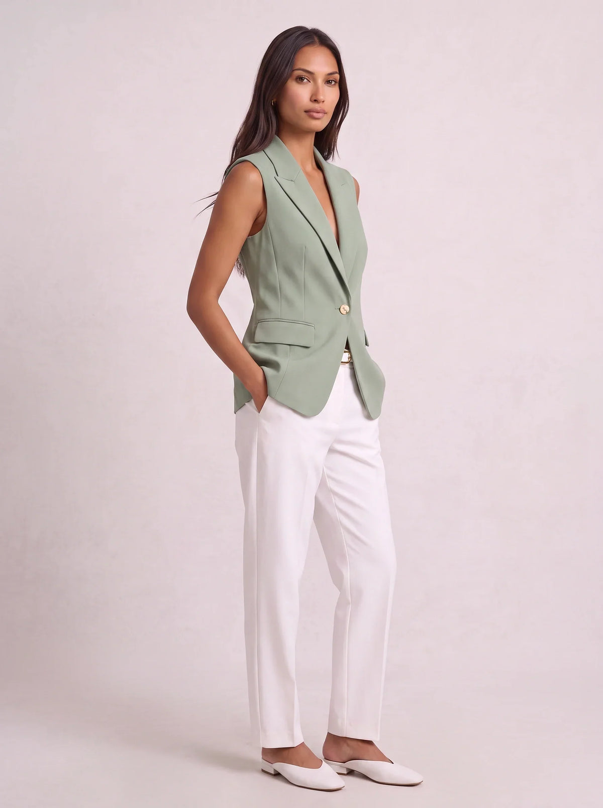 Women's Sleeveless Notch Collar Tailored Office Summer Blazer-Solatiq