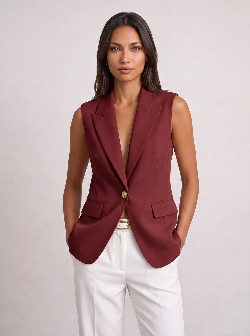 Women's Sleeveless Notch Collar Tailored Office Summer Blazer-Solatiq
