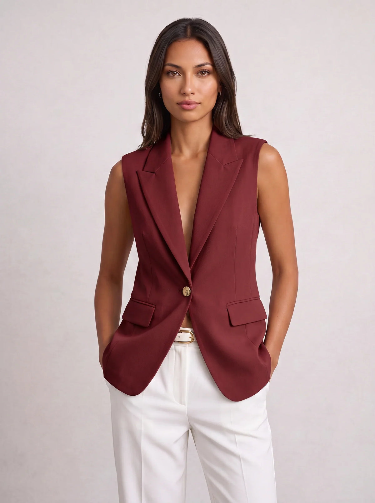 Women's Sleeveless Notch Collar Tailored Office Summer Blazer-Solatiq