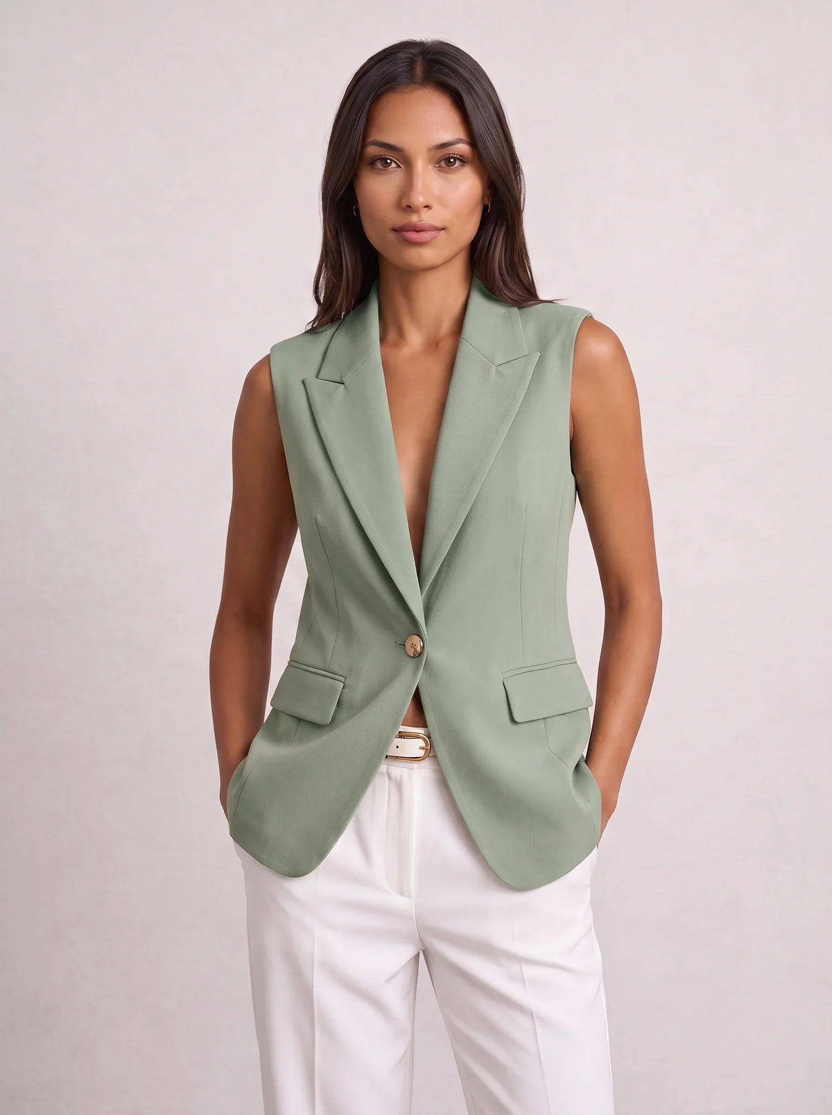 Women's Sleeveless Notch Collar Tailored Office Summer Blazer-Solatiq